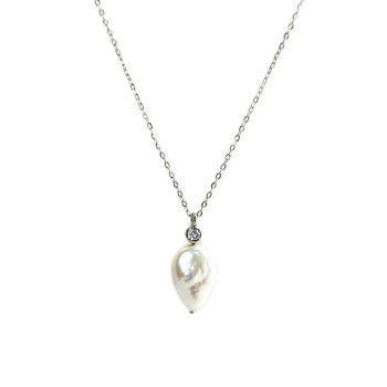 Rhodium-plated pearl necklace - Сребърно колие, проба 925 с естествена перла. 