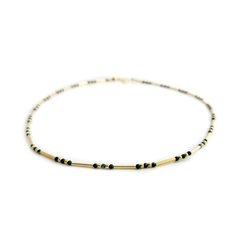 Green Agate - Сребърно колие, проба 925 с позлата и натурален ахат. 
